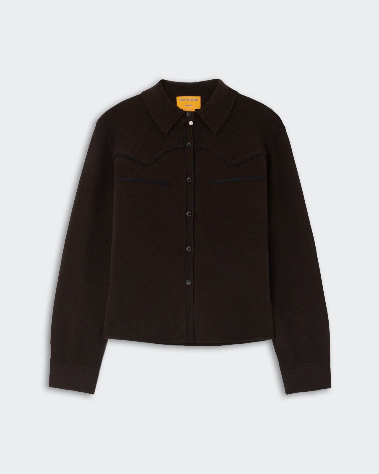 Cropped Western Shirt - Burnt Cocoa in deep brown with button-down front, pointed collar, long sleeves, and subtle stitched detailing across the chest.