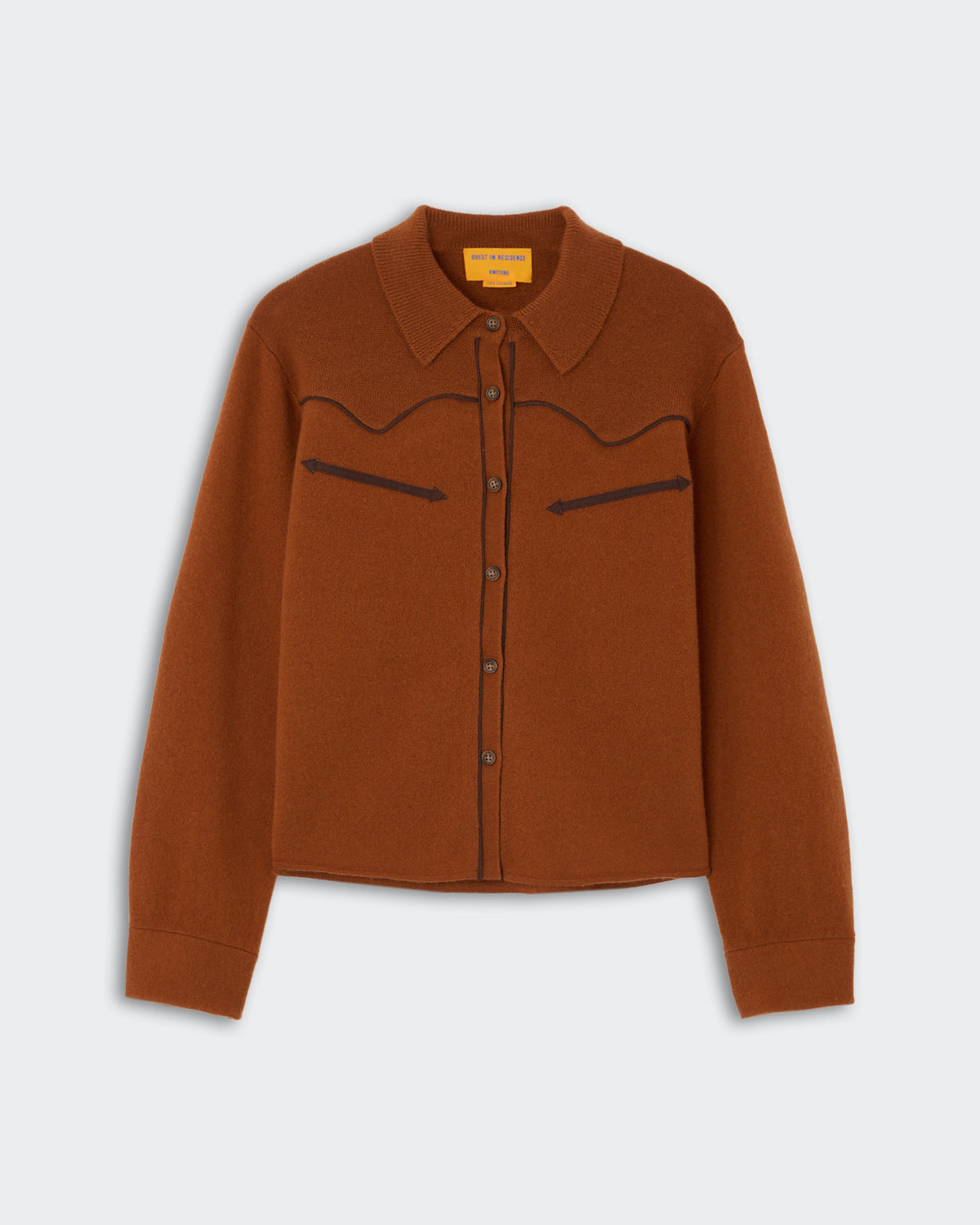 Cropped Western Shirt - Burnt Sienna in a warm rust color with button-down front, pointed collar, long sleeves, and western-style yoke detailing.