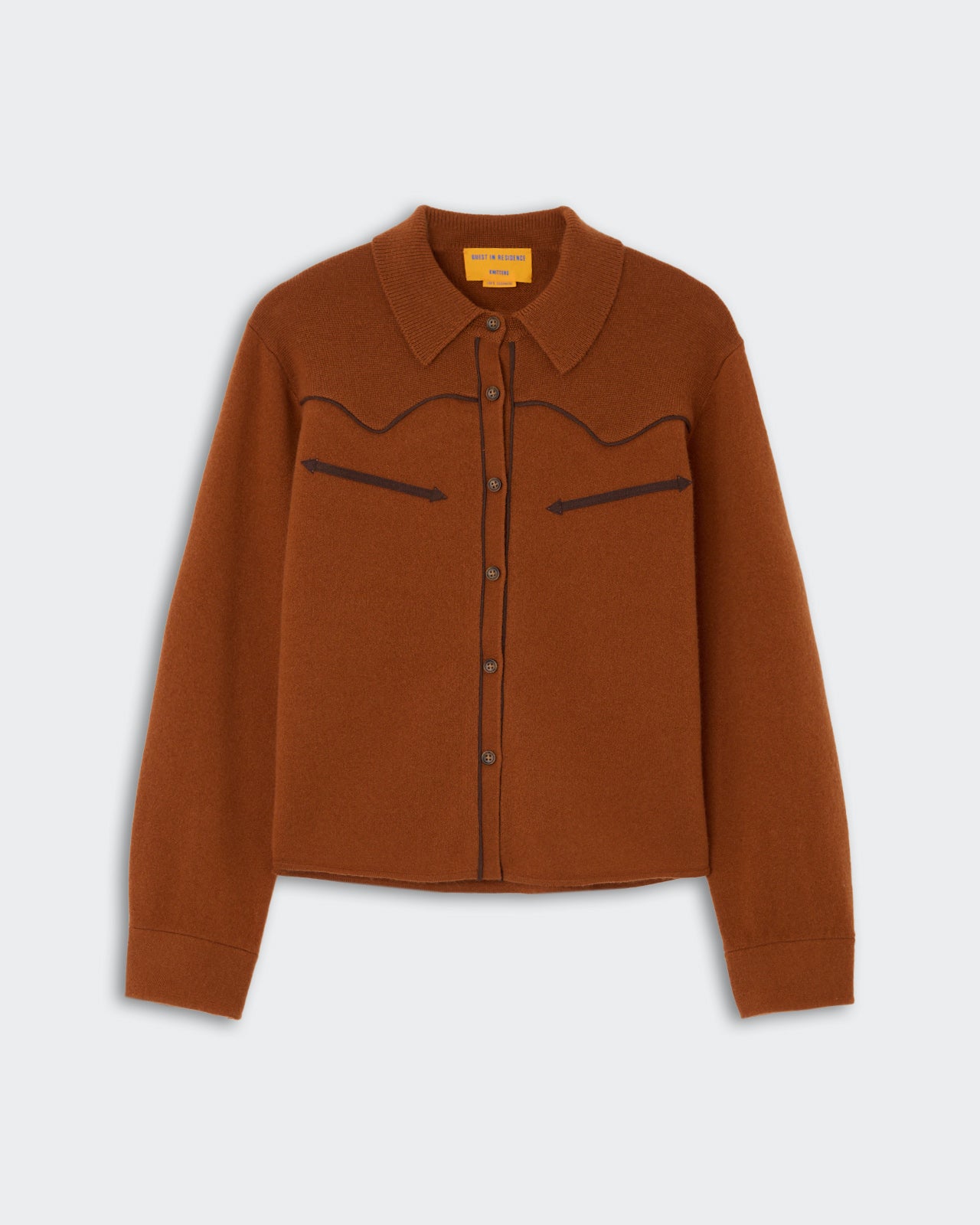 Cropped Western Shirt - Burnt Sienna in a warm rust color with button-down front, pointed collar, long sleeves, and western-style yoke detailing.