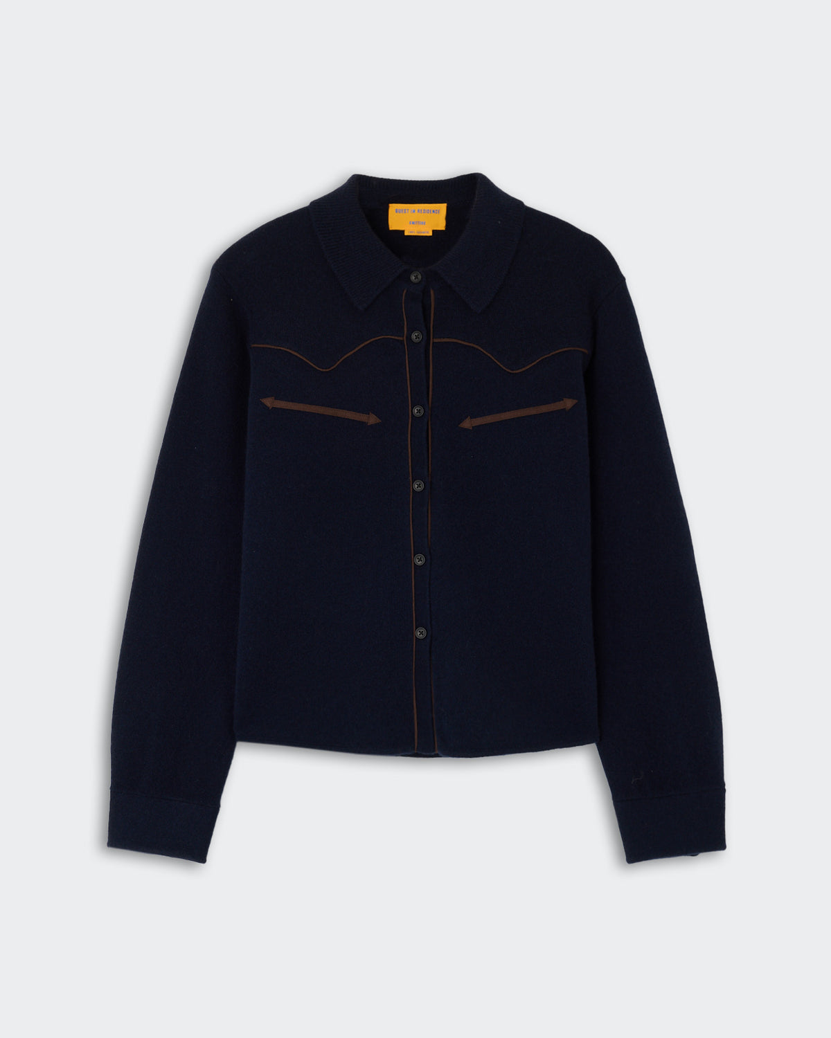 Cropped Western Shirt - Midnight in deep navy with contrast stitching detail, featuring a classic collar, front button closure, and long sleeves, styled with a western-inspired design.