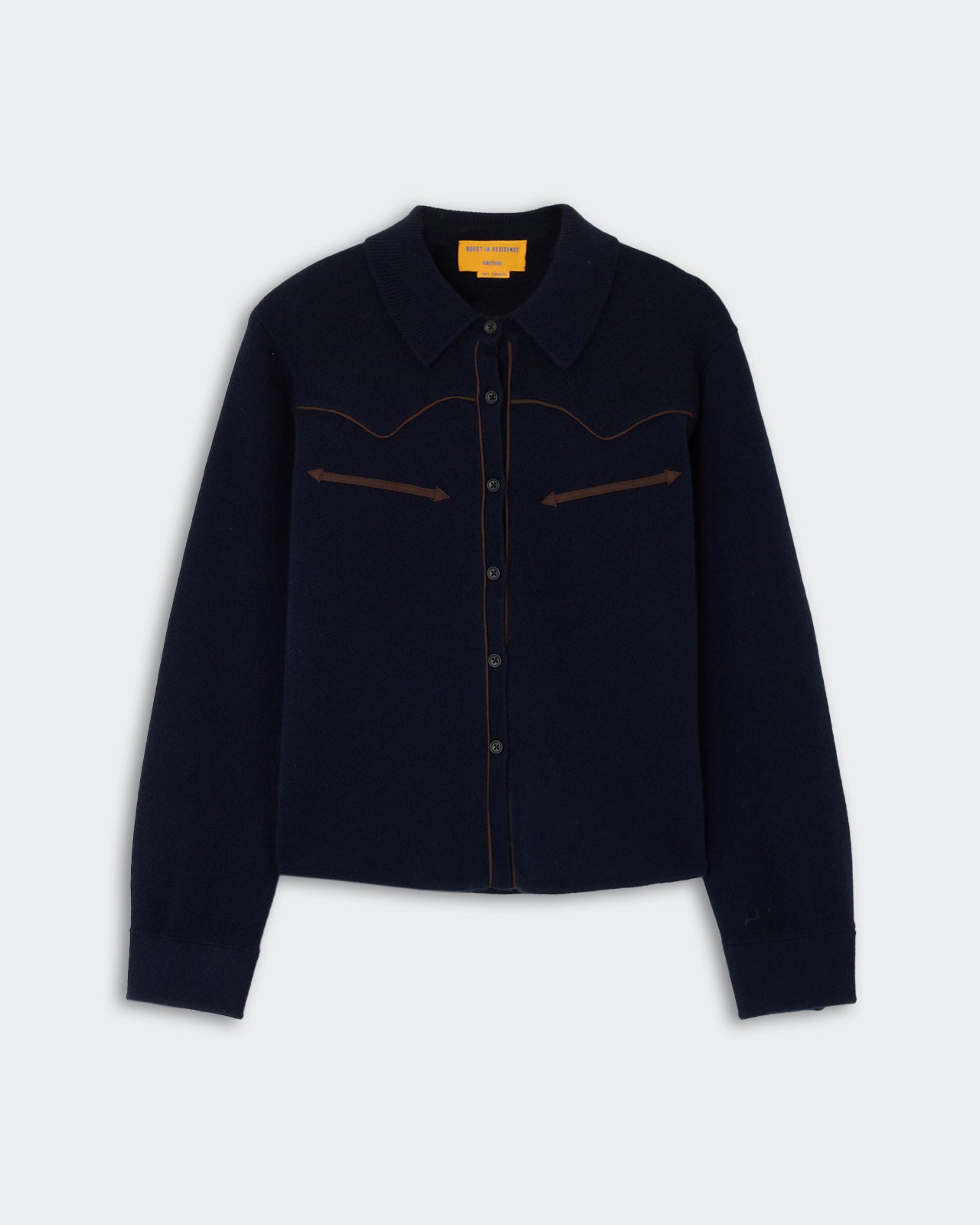 Cropped Western Shirt - Midnight in deep navy with contrast stitching detail, featuring a classic collar, front button closure, and long sleeves, styled with a western-inspired design.