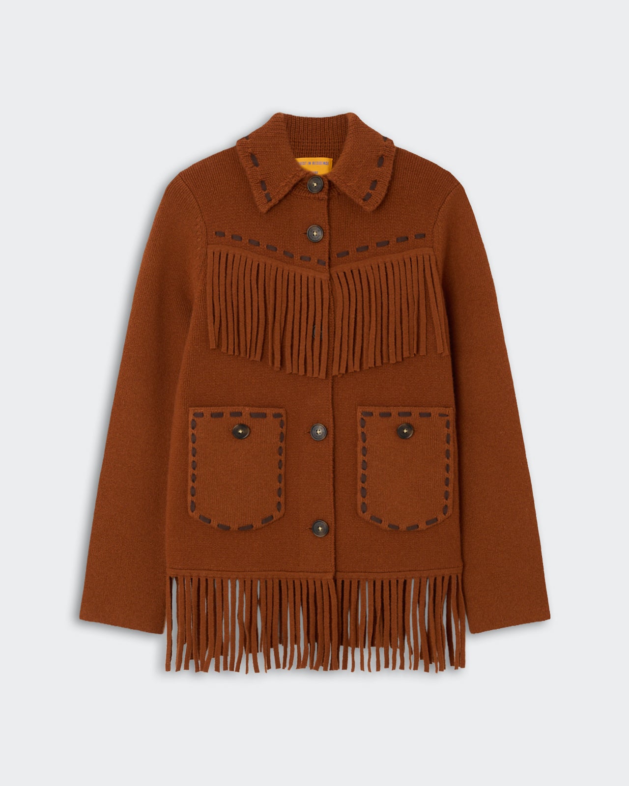Western Fringe Jacket - Burnt Sienna featuring long sleeves, button front, decorative fringe along chest and hem, and two front buttoned pockets in burnt sienna color.