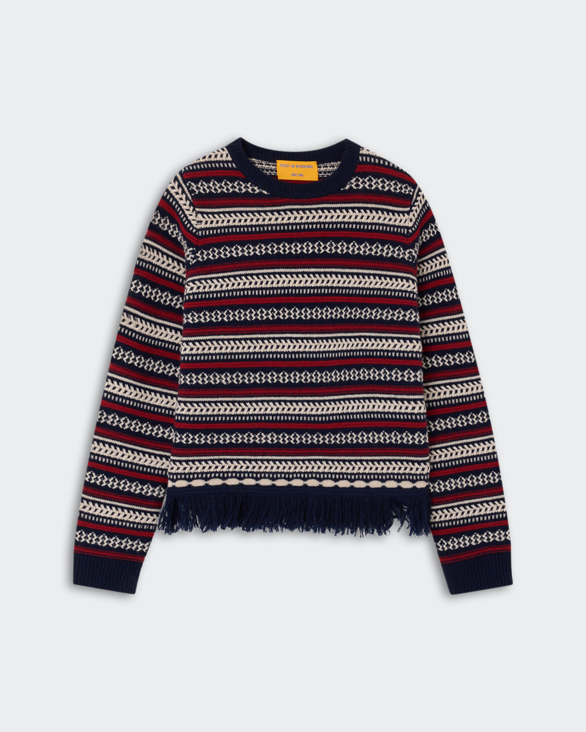 Western Stripe Crew - Midnight Combo patterned crewneck sweater in navy with red and cream horizontal stripes and a fringed hem shown on a light background