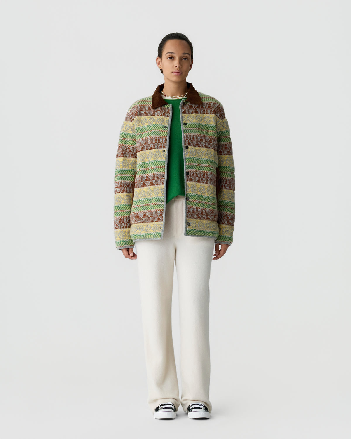 A person stands wearing a multicolored striped knit jacket with a brown collar over a green top, paired with loose white pants and black and white sneakers against a plain white background.