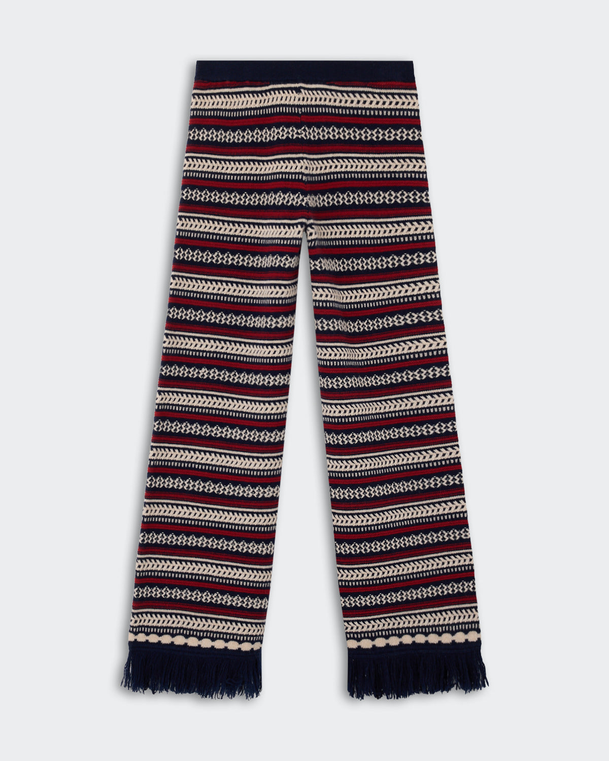 Pair of wide-leg pants with horizontal stripes in navy, red, cream, and black, featuring a knitted textured pattern and fringe detail at the hem.