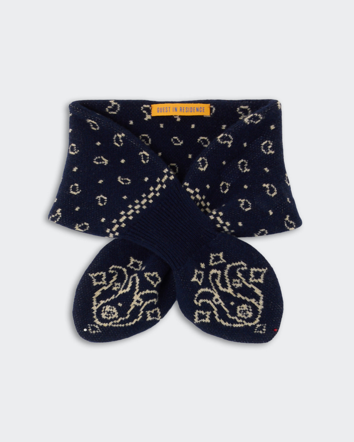 Bandana Bowtie Scarf - Midnight/Butter in navy and cream with a paisley pattern and checkered accents, knitted in soft cashmere for a cozy, elegant accessory.