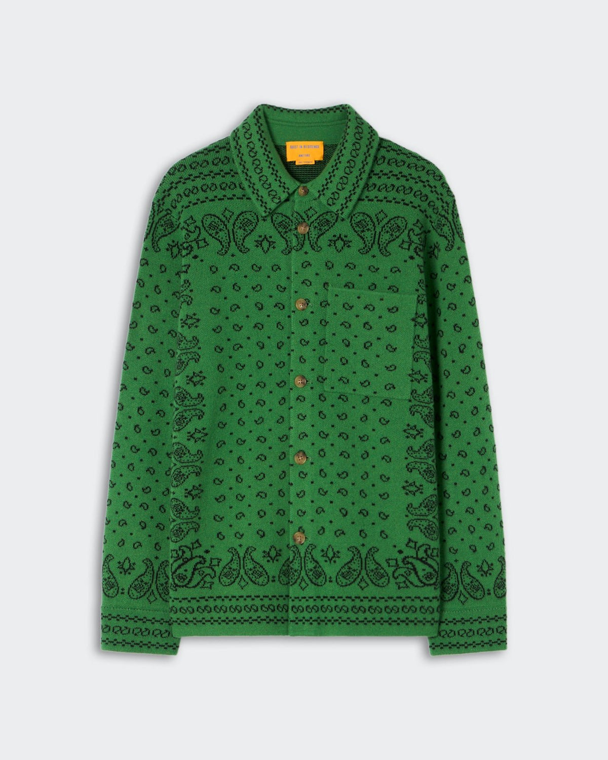 Green patterned button-up Wild Rag Work Shirt - Midnight with long sleeves and a collar, featuring intricate paisley and geometric designs.