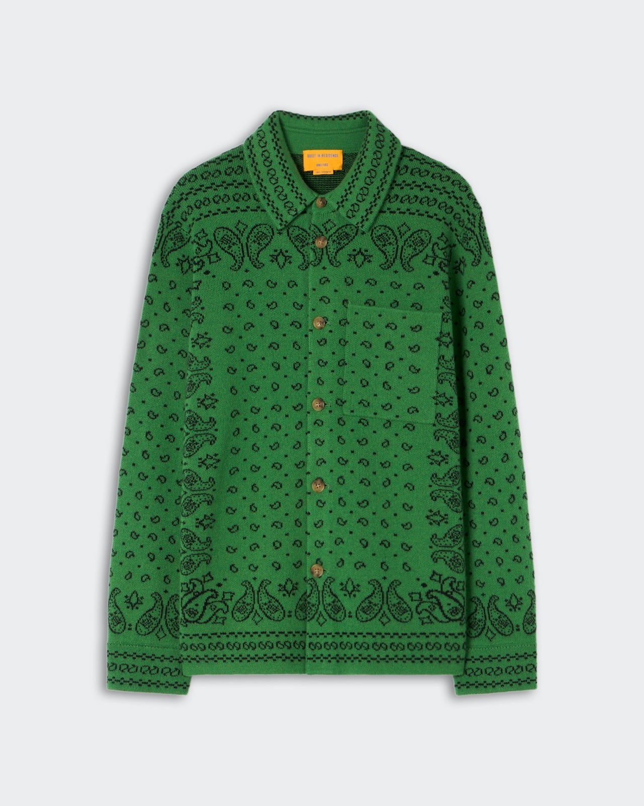 Green patterned button-up Wild Rag Work Shirt - Midnight with long sleeves and a collar, featuring intricate paisley and geometric designs.