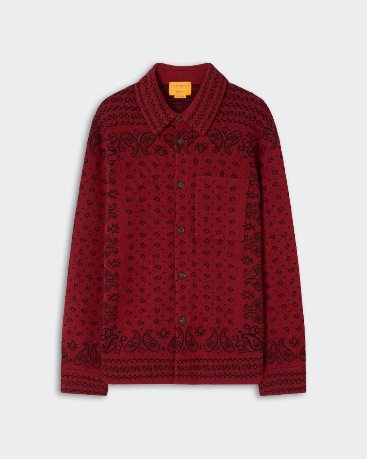 Wild Rag Work Shirt - Midnight in deep red with black paisley and geometric patterns, button-down front, collar, and single chest pocket, styled for casual wear.