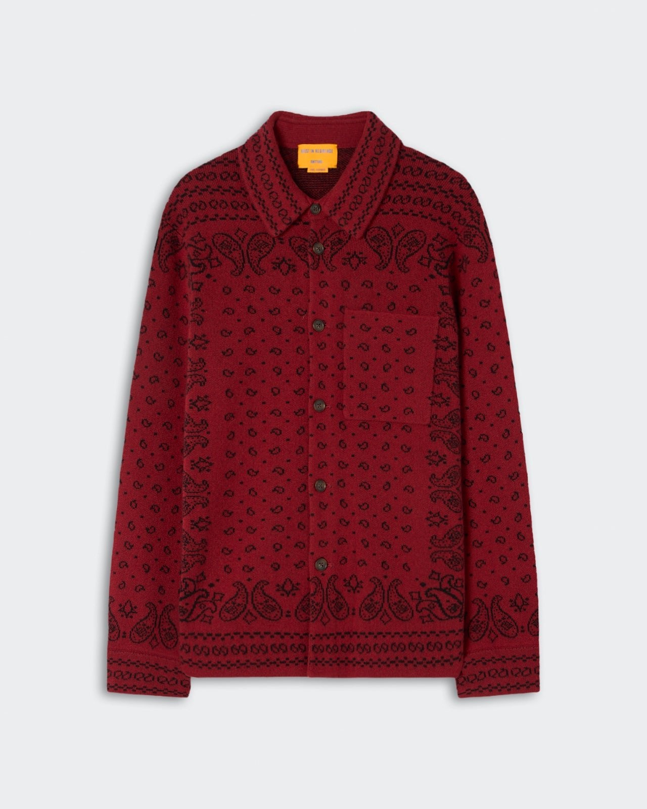 Wild Rag Work Shirt - Midnight in deep red with black paisley and geometric patterns, button-down front, collar, and single chest pocket, styled for casual wear.