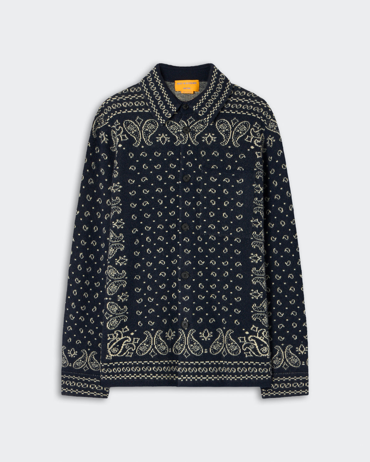 Wild Rag Work Shirt - Midnight in dark navy with intricate cream paisley and dot patterns, featuring a classic collar and long sleeves for a stylish, sophisticated look.