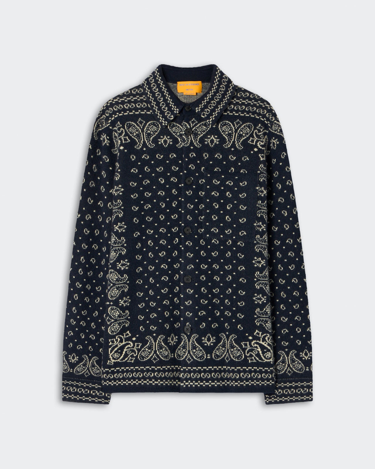 Wild Rag Work Shirt - Midnight in dark navy with intricate cream paisley and dot patterns, featuring a classic collar and long sleeves for a stylish, sophisticated look.