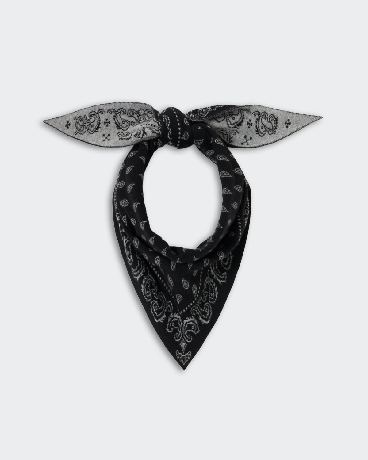 The Wild Rag - Black/Heather Grey black and heather grey paisley neck scarf tied in a loop with pointed ends against a light background