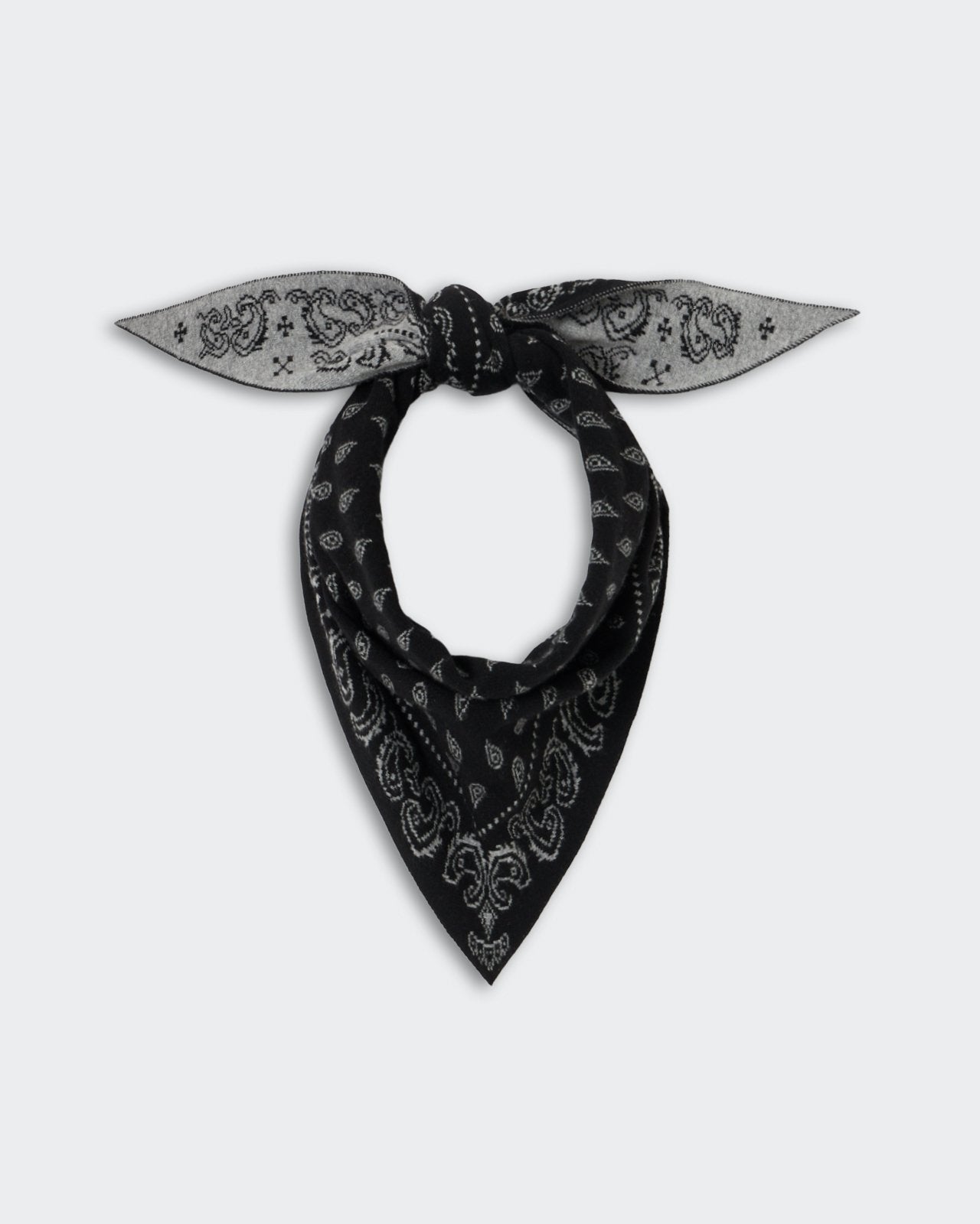 The Wild Rag - Black/Heather Grey black and heather grey paisley neck scarf tied in a loop with pointed ends against a light background
