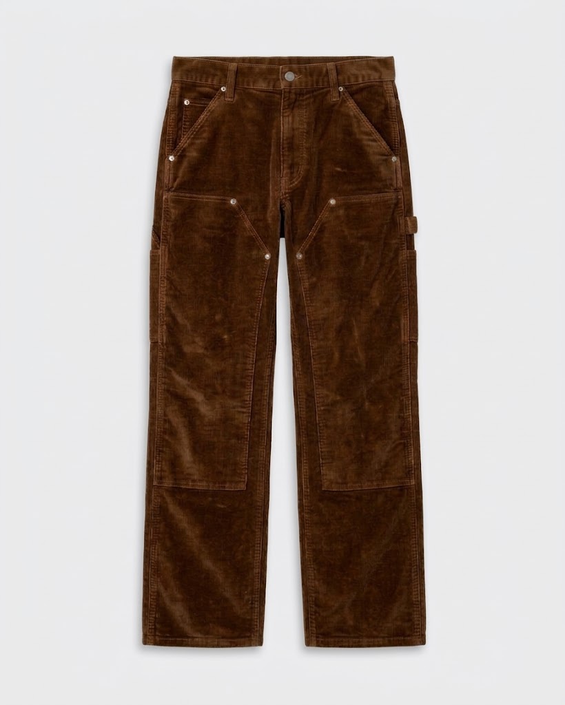WORKDAY JEAN - Rust Flock brown flocked workwear jeans with cargo pockets and straight legs shown from the front on a light background