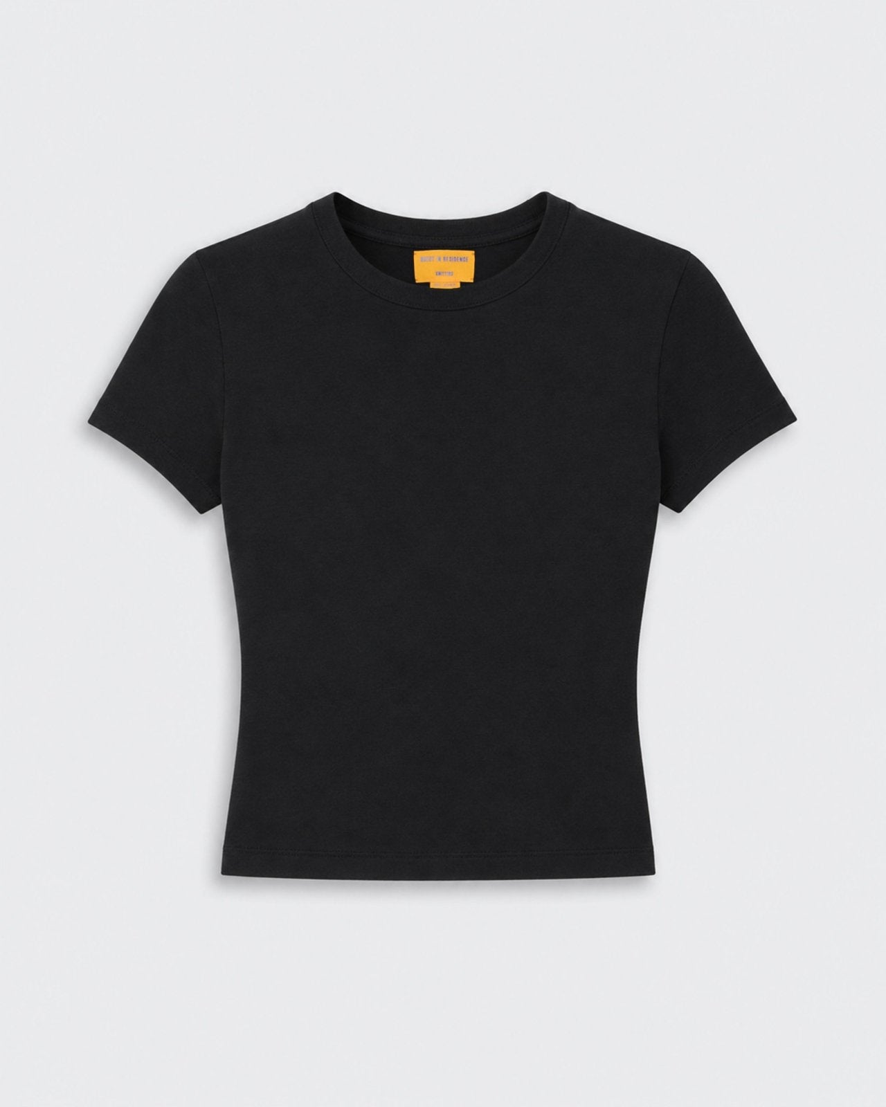 Baby Tee - Black, black short sleeve fitted top displayed flat against a light background with a round neckline and subtle ribbed trim