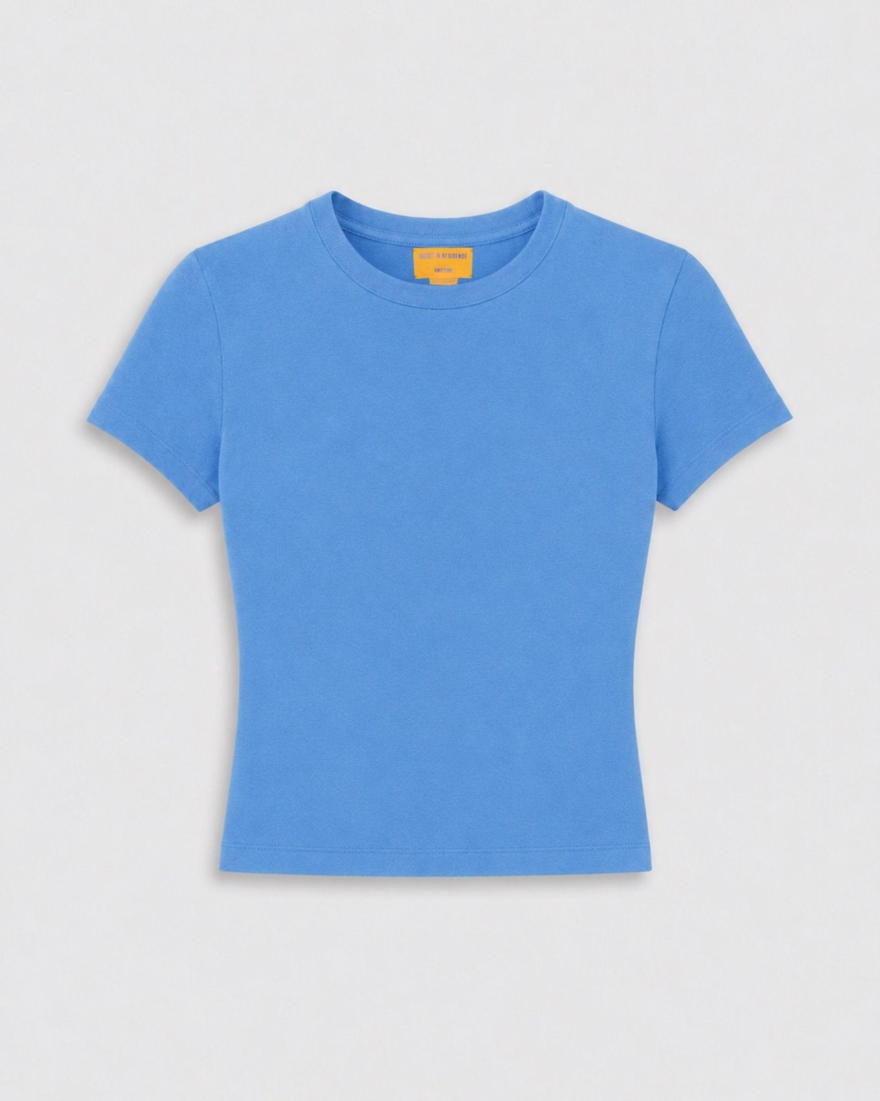 Baby Tee - Delft Blue blue short sleeve fitted T shirt displayed flat with a crew neckline and clean minimal design