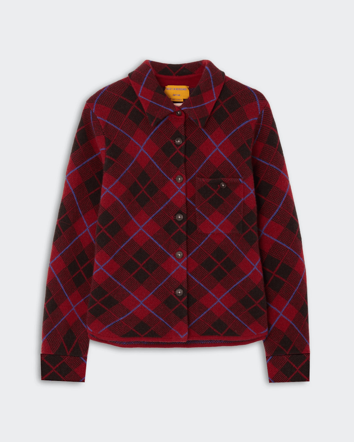 Dylan Plaid Shirt - Carmine Combo featuring a red and black plaid pattern with blue accents, button-down front, pointed collar, and single chest pocket.