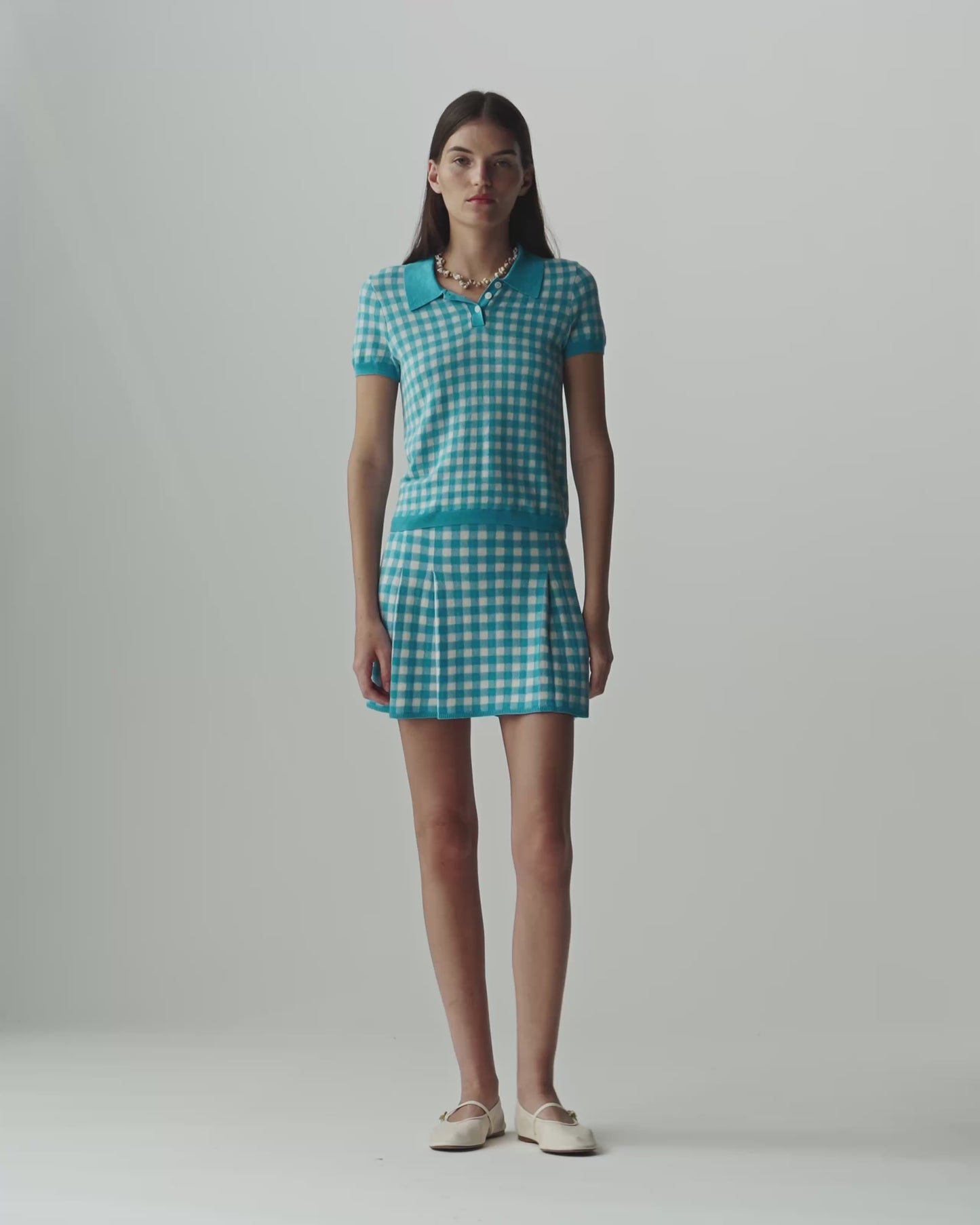Gingham Shrunken Polo - Swimming Pool/Cream