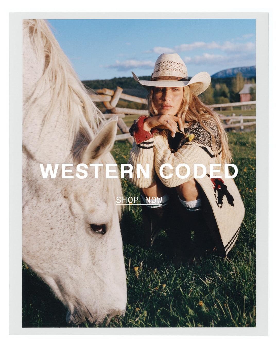 Editorial banner showing a woman in a cowboy hat beside a white horse in a pasture, with overlaid text reading Western Coded and Shop Now.